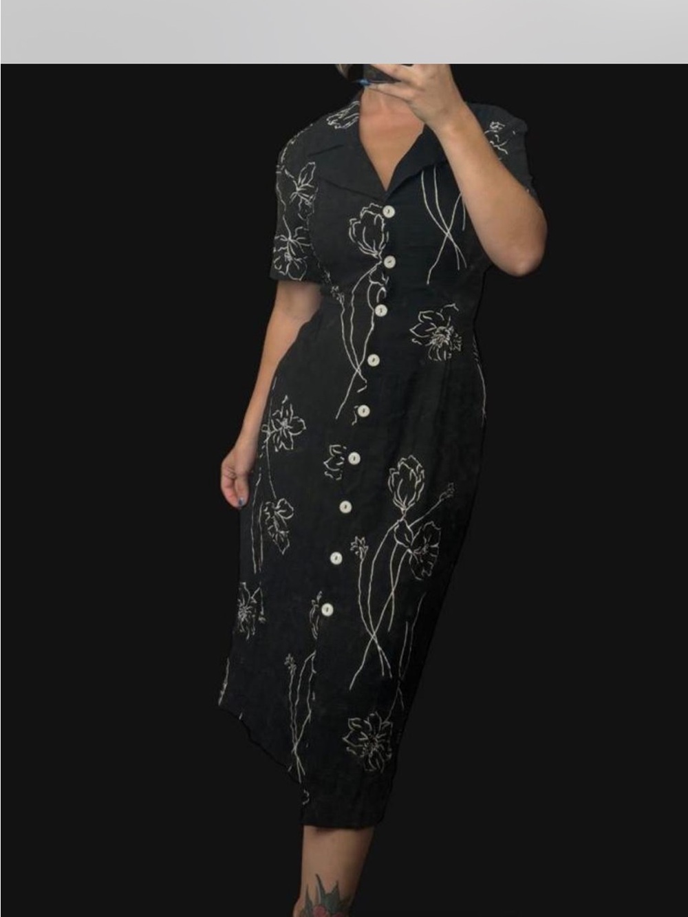 Vintage 80’s S.L. Fashions Black Midi Dress with White Floral Stitching